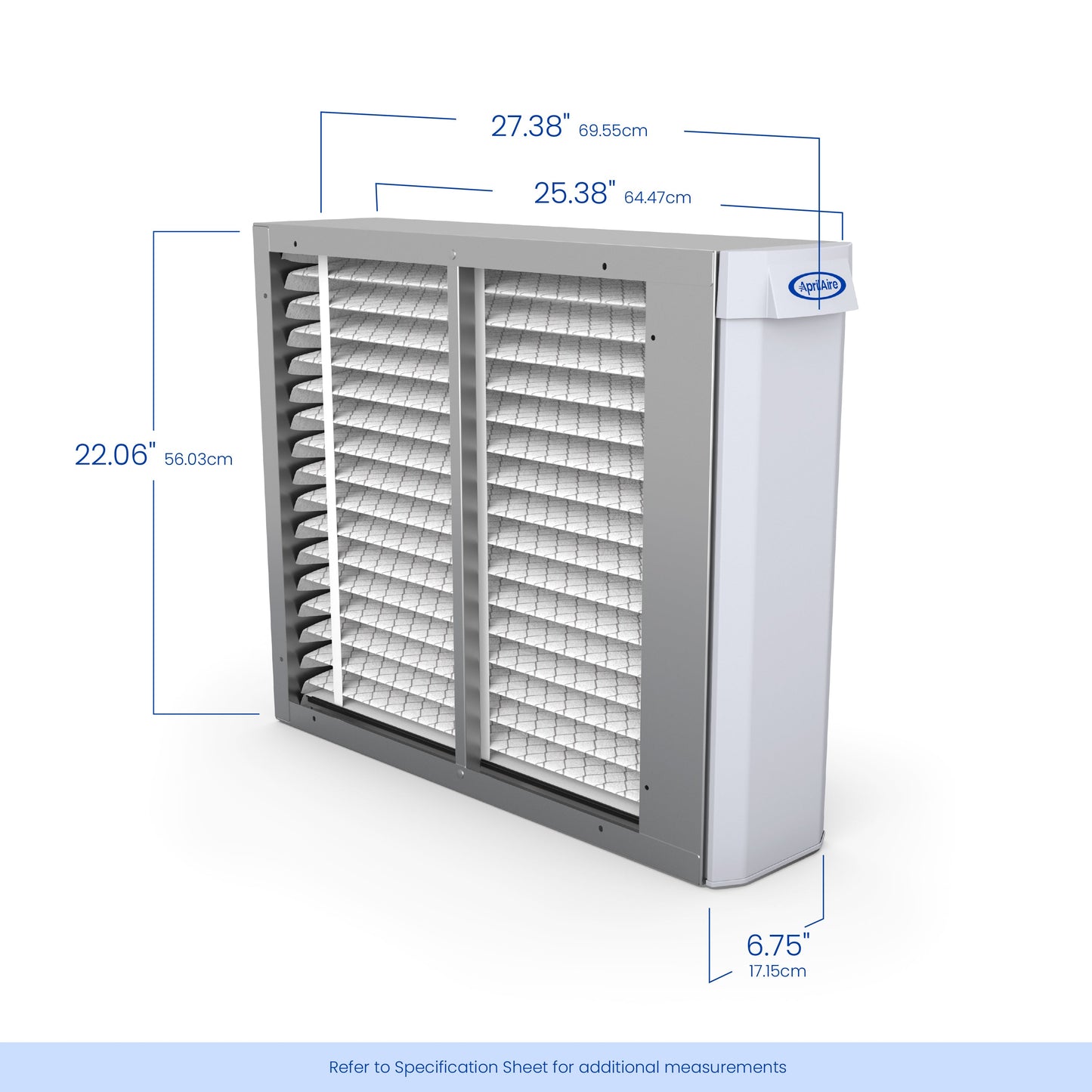 The Aprilaire Whole-House Air Purifier MERV 13 features a rectangular design with visible vents and branded label, measuring 27.38"x25.38"x22.06"x6.75" (69.55x64.47x56.03x17.15 cm)—perfect for HVAC system use.