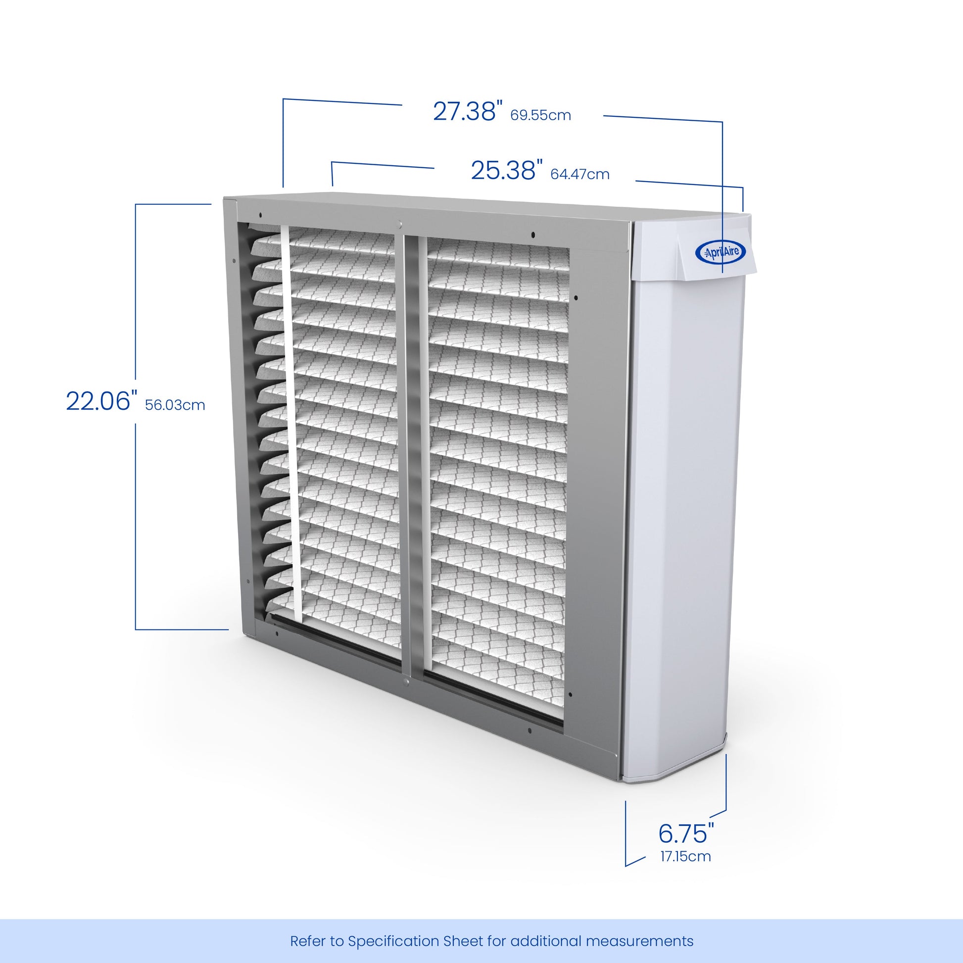 The Aprilaire Whole-House Air Purifier MERV 13 features a rectangular design with visible vents and branded label, measuring 27.38"x25.38"x22.06"x6.75" (69.55x64.47x56.03x17.15 cm)—perfect for HVAC system use.