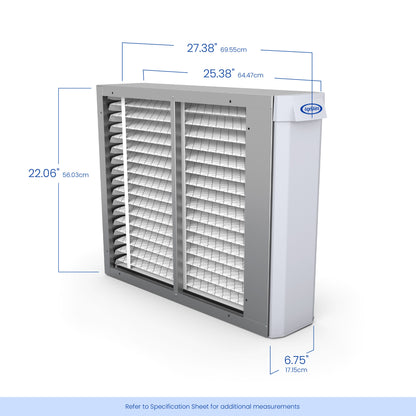 The Aprilaire Whole-House Air Purifier MERV 13 features a rectangular design with visible vents and branded label, measuring 27.38"x25.38"x22.06"x6.75" (69.55x64.47x56.03x17.15 cm)—perfect for HVAC system use.