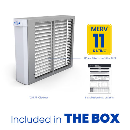 Image shows the Aprilaire Whole-House Air Purifier MERV 11, a MERV 11 filter for HVAC protection, and installation instructions as included items.