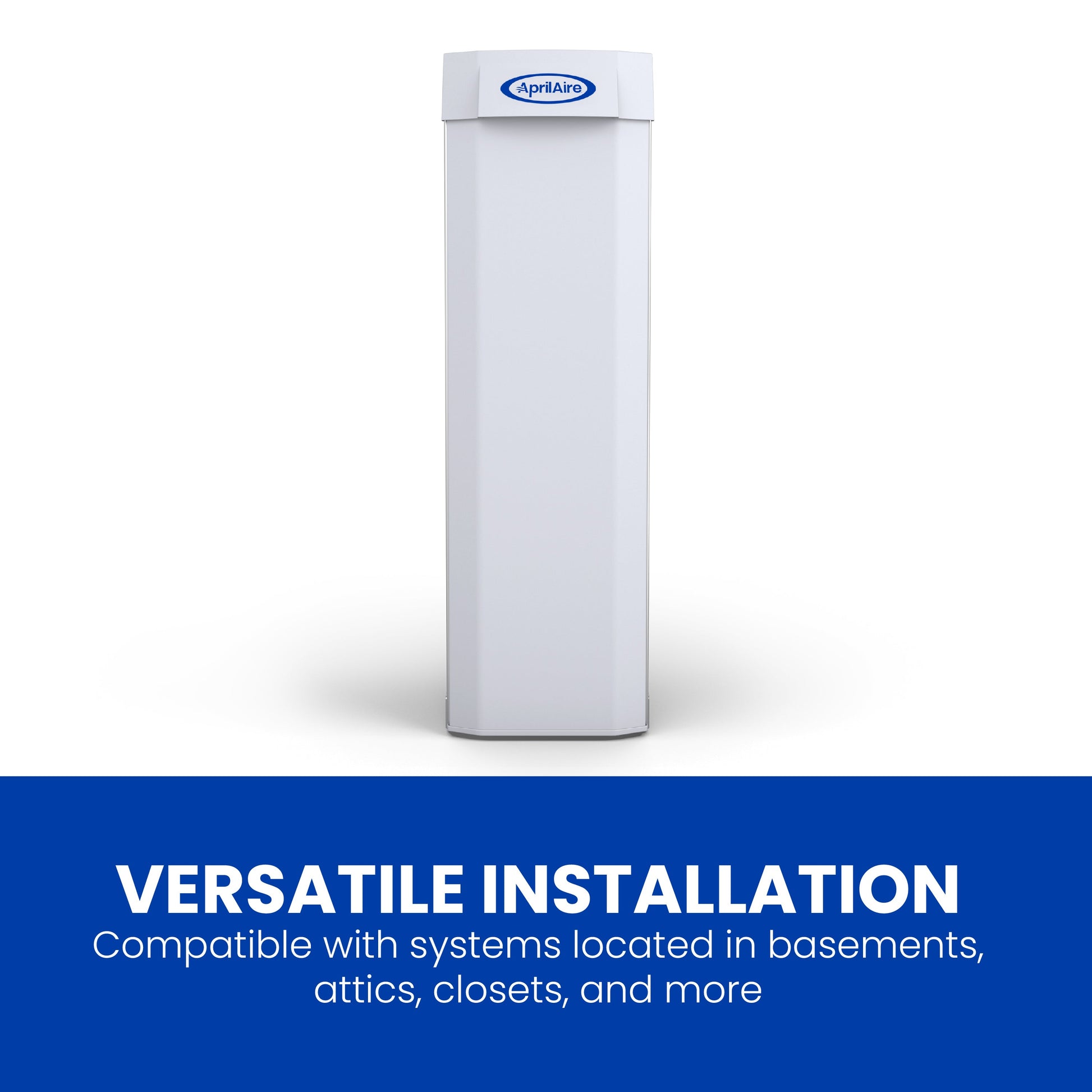 An Aprilaire Whole-House Air Purifier MERV 13 is shown above text highlighting its versatility and compatibility with basements, attics, closets, and more—making it a great fit for any HVAC or whole-home air purification system.