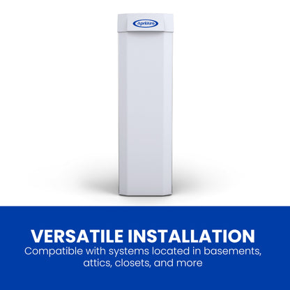 An Aprilaire Whole-House Air Purifier MERV 13 is shown above text highlighting its versatility and compatibility with basements, attics, closets, and more—making it a great fit for any HVAC or whole-home air purification system.