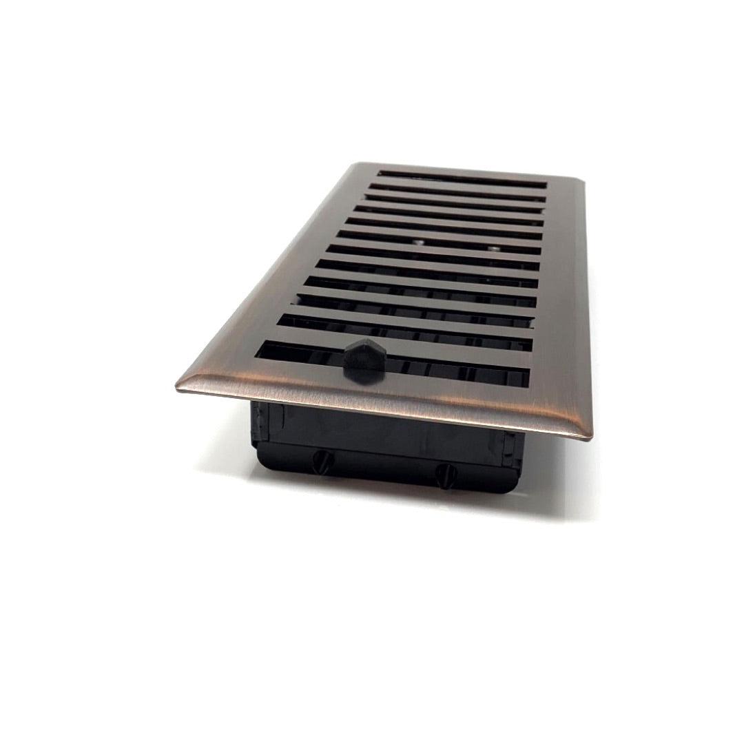 The Madelyn Carter Steel Modern Chic Vent Covers in Venetian Bronze feature parallel slats and a sleek rectangular design, bringing contemporary style to any space.
