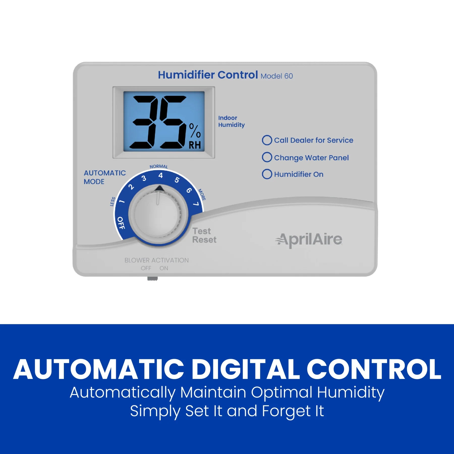 The Aprilaire Whole-House Large Bypass Evaporative Humidifier Model 600 features a digital control panel showing 35% humidity, adjustable dial, mode options, and the Aprilaire logo. Enjoy automatic humidity control for better indoor air quality.