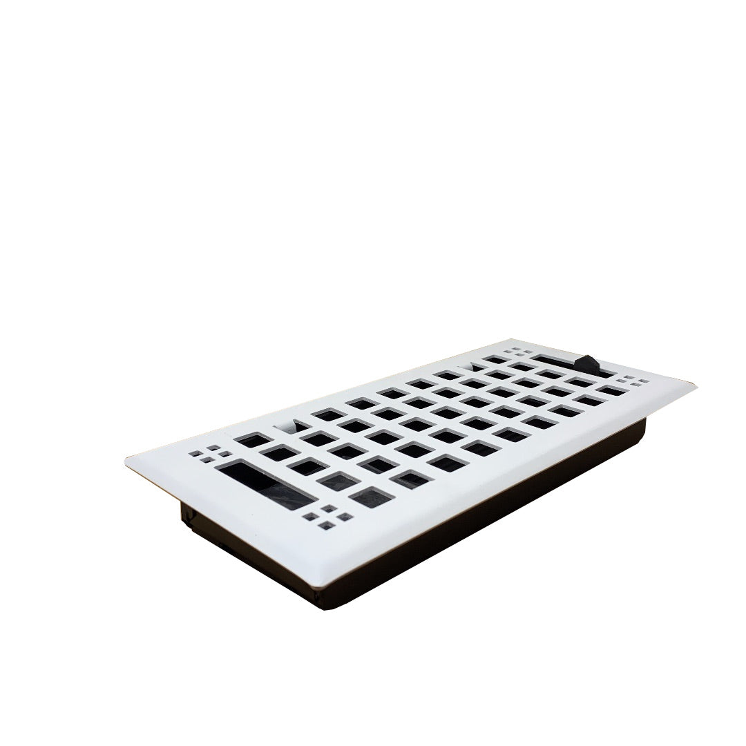 The Madelyn Carter Steel Artisan Vent Cover in white features a rectangular steel design with a grid pattern and adjustable lever, shown on a white background.