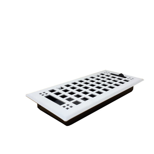 The Madelyn Carter Steel Artisan Vent Cover in white features a rectangular steel design with a grid pattern and adjustable lever, shown on a white background.