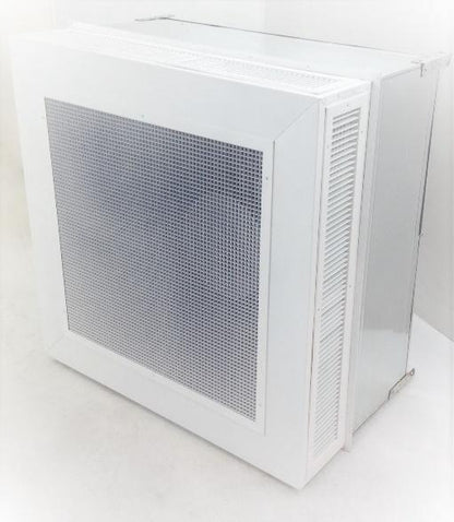 The EP Custom Four Way Right Angle Concentric Diffuser is a large, white ventilation unit with a perforated metal front and side vents, designed for enhanced directional airflow, placed in a bright white room.