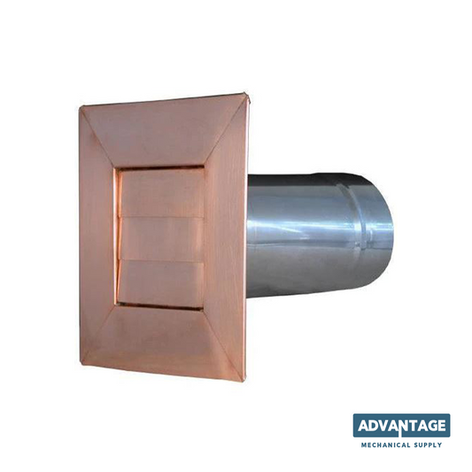 A copper and stainless steel duct dry vent, shown from a three-quarter angle on a white background with an 'ADVANTAGE MECHANICAL SUPPLY' logo in the bottom right corner.