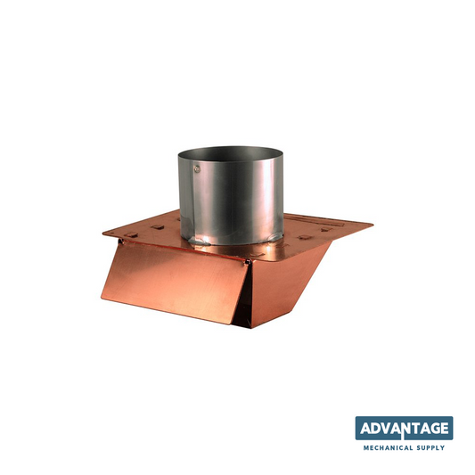 A copper and stainless steel duct transition fitting on a white background, featuring a square copper base, angled flange, and a cylindrical stainless steel pipe section on top. The Advantage Mechanical Supply logo is in the bottom right corner.