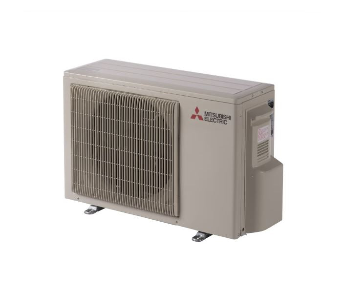 The Insco Mitsubishi M-Single-Zone 18 SEER2 Heat Pump System MUZ-WX is a beige outdoor unit with a front-facing vent and side logo, designed for energy-efficient heating and cooling.