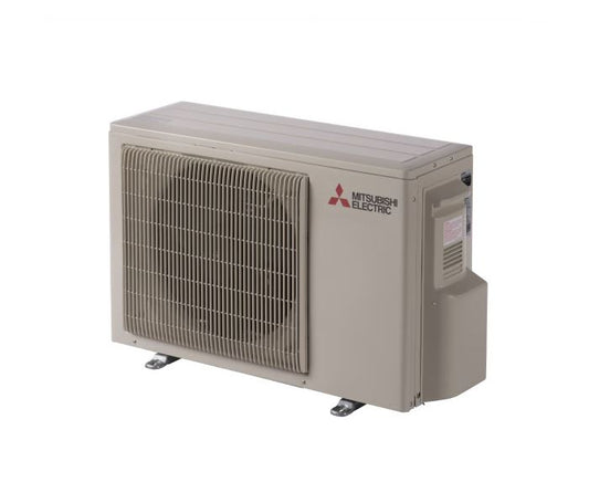 The Insco Mitsubishi M-Single-Zone 18 SEER2 Heat Pump System MUZ-WX is a beige outdoor unit with a front-facing vent and side logo, designed for energy-efficient heating and cooling.