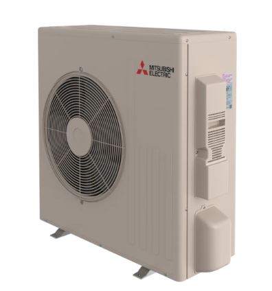 Insco Mitsubishi M-Series Single-Zone High Efficiency Heat Pump System MUZ-GX outdoor unit with visible fan and vents, advanced filtration system, shown against a plain white background.