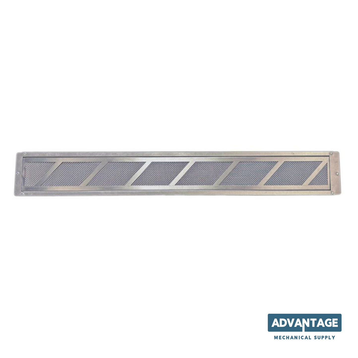 A rectangular metal ventilation or duct filter with a mesh screen and diagonal slotted panels, shown on a white background with an Advantage Mechanical Supply logo in the bottom right corner.