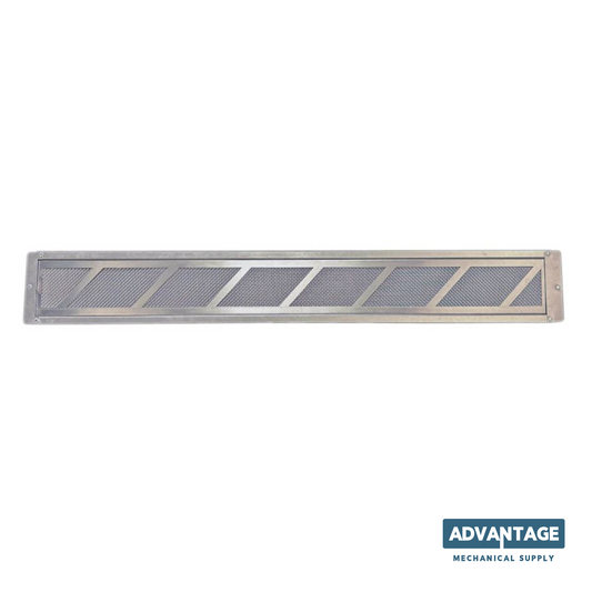 A rectangular metal ventilation or duct filter with a mesh screen and diagonal slotted panels, shown on a white background with an Advantage Mechanical Supply logo in the bottom right corner.