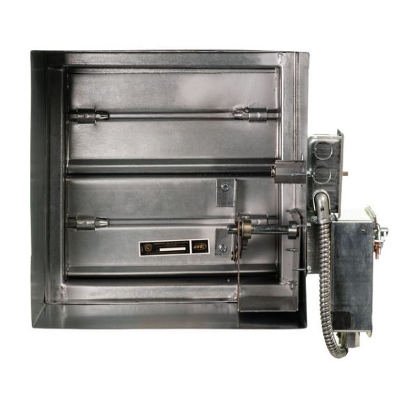 The Aire Technologies Series 30 Fire and Smoke Dampers Class I are rectangular metal dampers with side-mounted actuator and controls, designed for fire/smoke applications and tested to UL 555/NFPA 90A standards, shown on a white background.