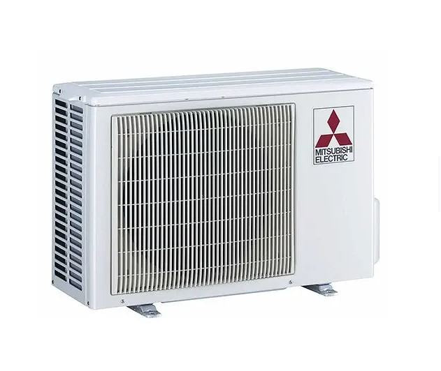 White Insco outdoor air conditioning unit with a ventilation grill, featuring the Mitsubishi M-Series Single-Zone Hyper Heating Heat Pump System MUZ-FX for efficient exterior installation.