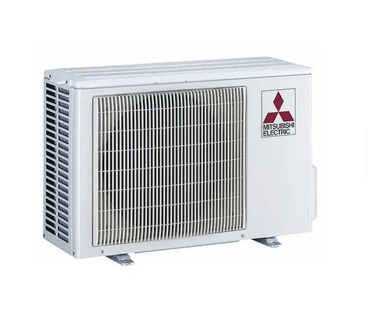 White Insco outdoor air conditioning unit with a ventilation grill, featuring the Mitsubishi M-Series Single-Zone Hyper Heating Heat Pump System MUZ-FX for efficient exterior installation.