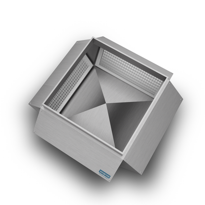 The EP Custom Slant Face Double Deflection Drop Box - Four Way features slanted sides and a perforated inner panel, ideal for supply/return air systems, shown from above on a white background.