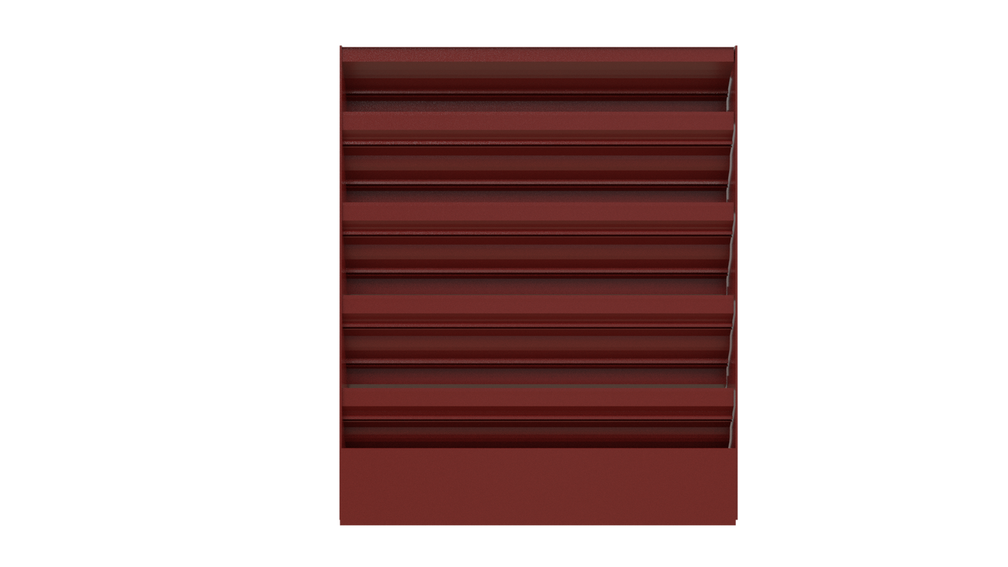 The Aire Technologies 245-SD Stationary, Drainable Louver is a maroon rectangular aluminum unit featuring six evenly spaced horizontal ridges, shown against a plain white background.