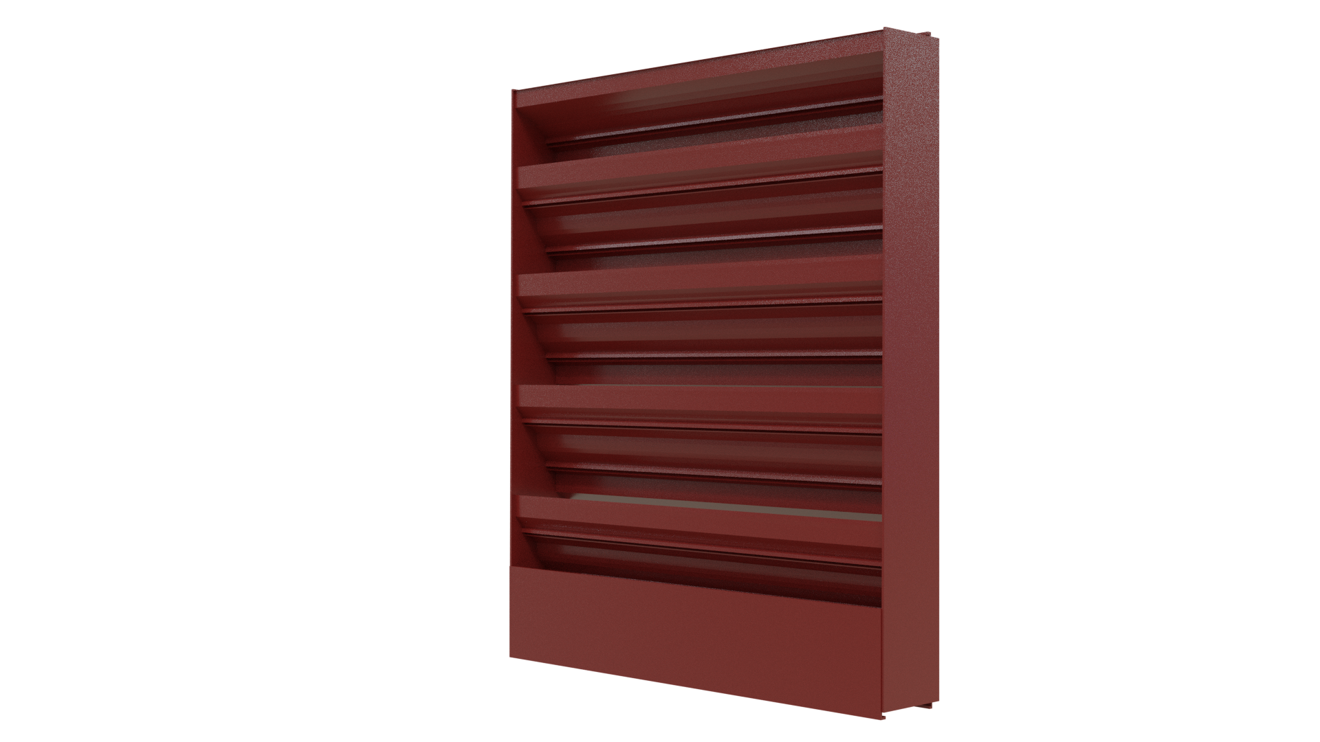 Aire Technologies’ 245-SD Stationary, Drainable Louver, crafted from red aluminum with angled slats, stands upright against a white background, highlighting its sturdy construction and custom sizing.