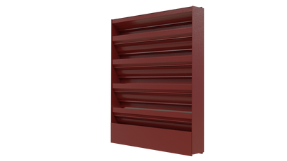 Aire Technologies’ 245-SD Stationary, Drainable Louver, crafted from red aluminum with angled slats, stands upright against a white background, highlighting its sturdy construction and custom sizing.