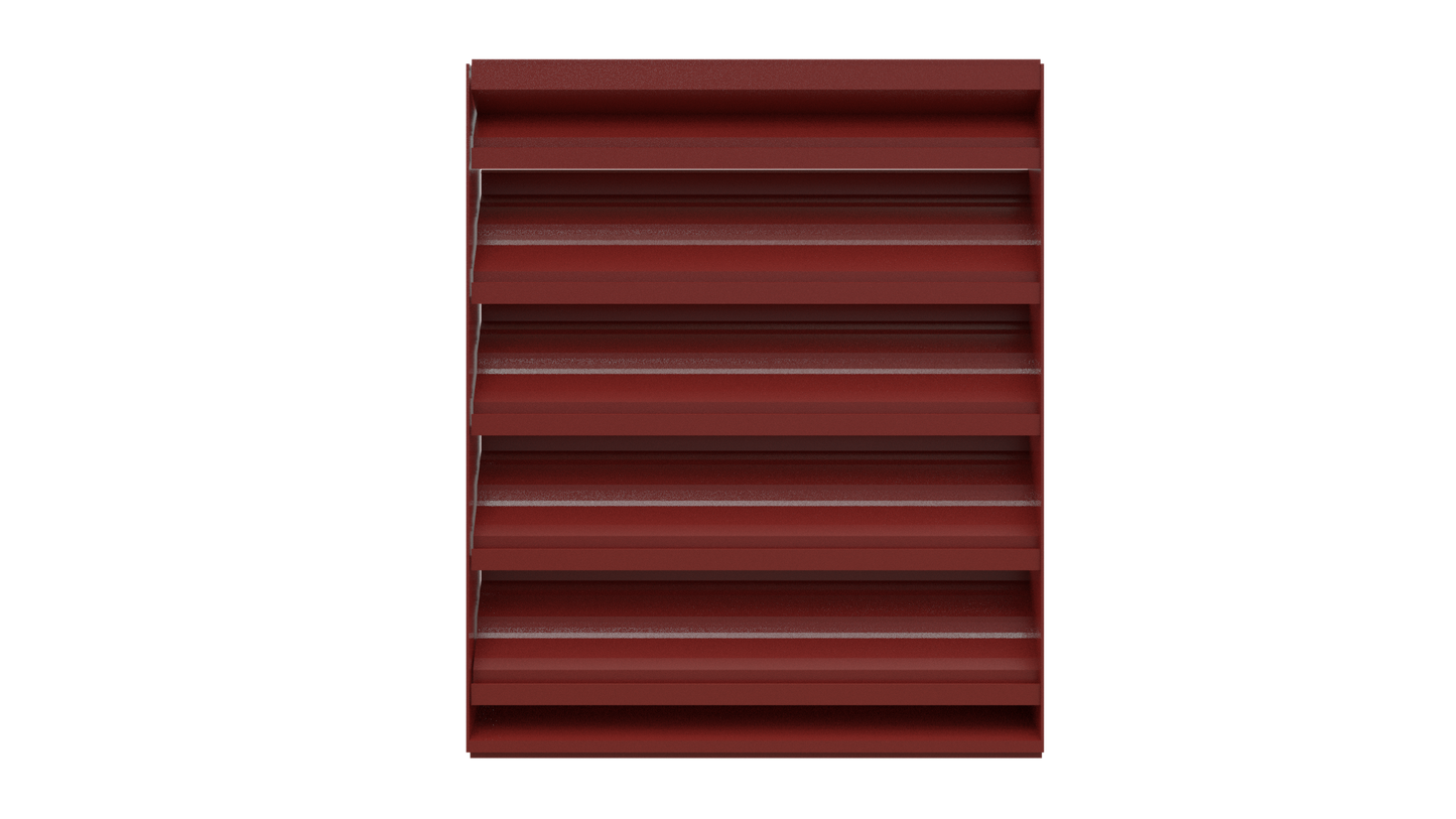 Aire Technologies 245-SD Stationary, Drainable Louver in red aluminum features horizontal slats and is shown front-facing on a white background. Designed for efficient ventilation, it can be custom sized for various applications.