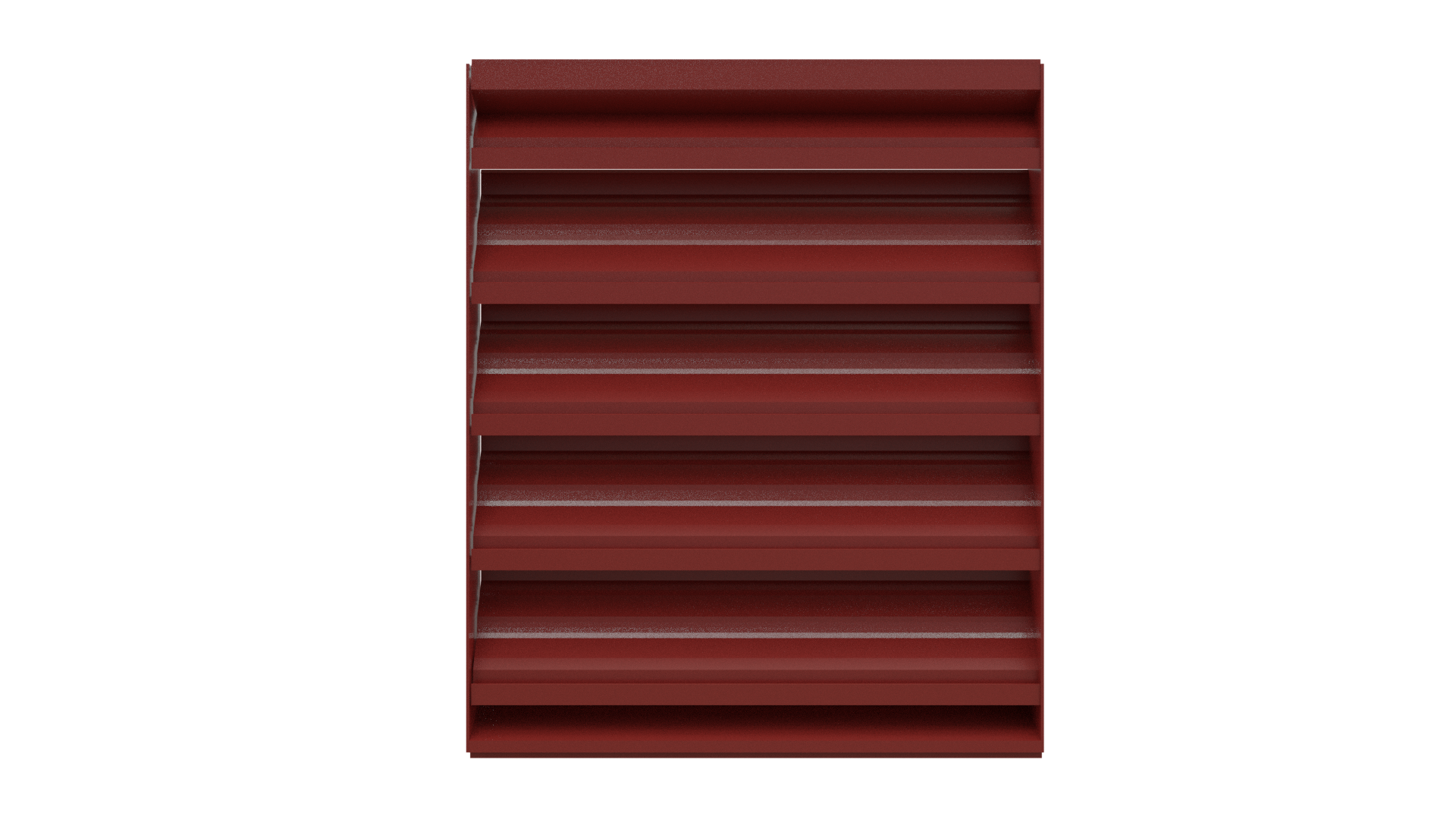 Aire Technologies 245-SD Stationary, Drainable Louver in red aluminum features horizontal slats and is shown front-facing on a white background. Designed for efficient ventilation, it can be custom sized for various applications.