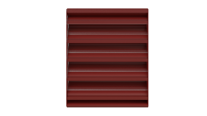 Aire Technologies 245-SD Stationary, Drainable Louver in red aluminum features horizontal slats and is shown front-facing on a white background. Designed for efficient ventilation, it can be custom sized for various applications.