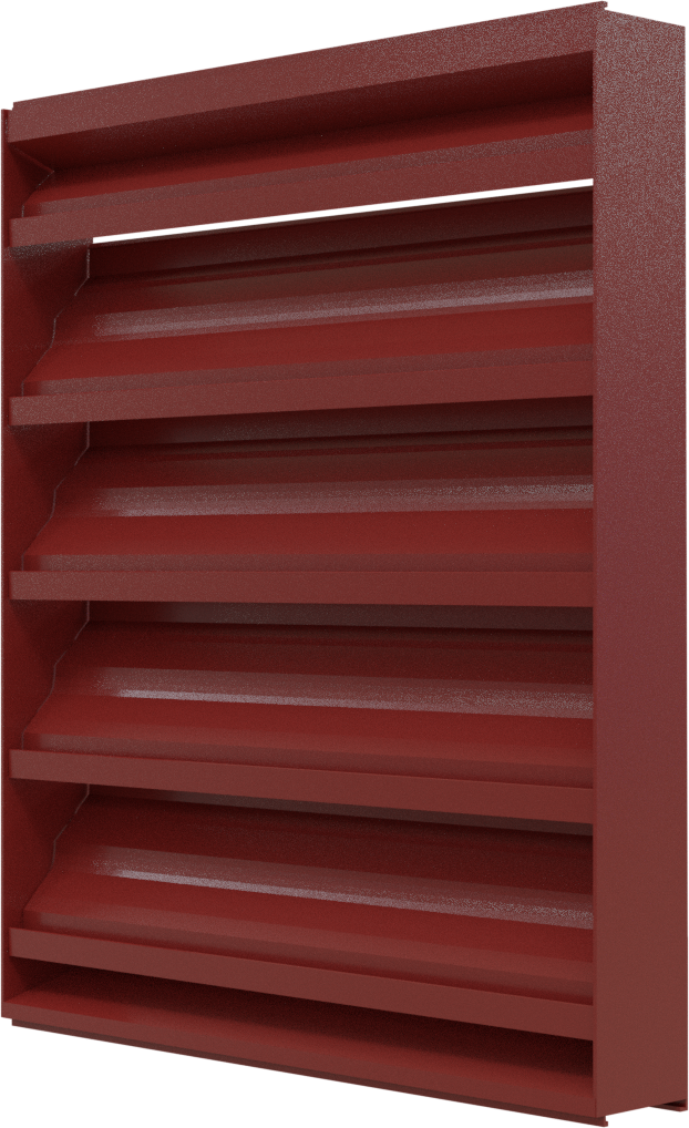 The Aire Technologies 245-SD Stationary, Drainable Louver features a red aluminum rectangular frame with five angled slats for ventilation.