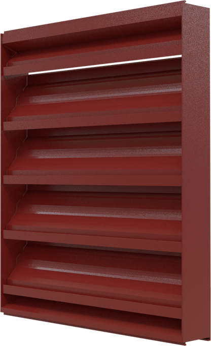 The Aire Technologies 245-SD Stationary, Drainable Louver features a red aluminum rectangular frame with five angled slats for ventilation.