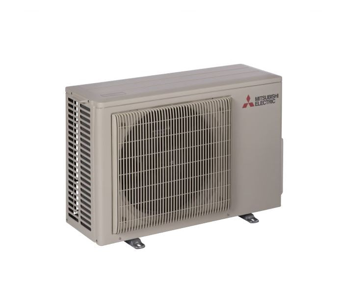 The Insco Mitsubishi M-Single-Zone 18 SEER2 Heat Pump System MUZ-WX (Outdoor), featuring a beige metal grille and fan on metal feet, offers energy-efficient heating and cooling.