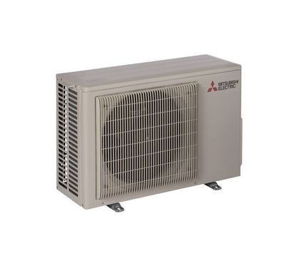 The Insco Mitsubishi M-Single-Zone 18 SEER2 Heat Pump System MUZ-WX (Outdoor), featuring a beige metal grille and fan on metal feet, offers energy-efficient heating and cooling.