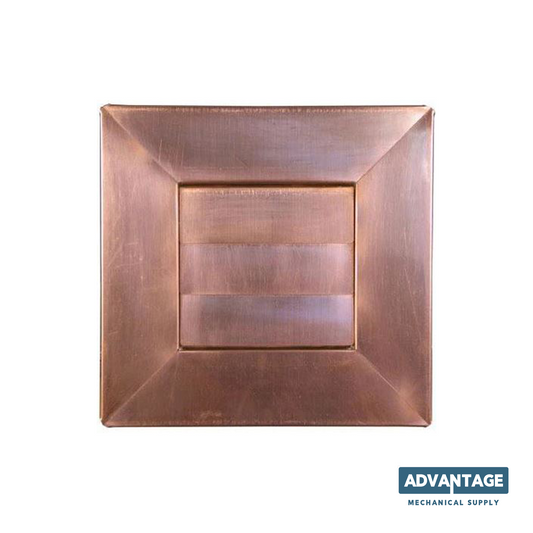 A square copper dry vent fitting with a brushed metallic finish, shown from a frontal perspective on a white background with an 'ADVANTAGE MECHANICAL SUPPLY' logo in the bottom right corner.