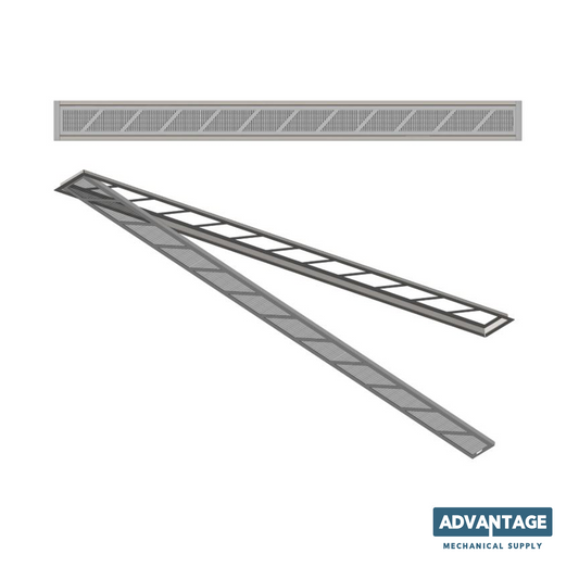A gray metal ladder-style ramp shown from two angles on a white background, with an Advantage Mechanical Supply logo in the bottom right corner.