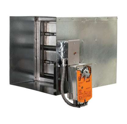 Aire Technologies Series 30 Fire and Smoke Dampers Class I are metal HVAC ducts with an orange electric actuator for airflow control, meeting NFPA 90A and UL 555 standards.