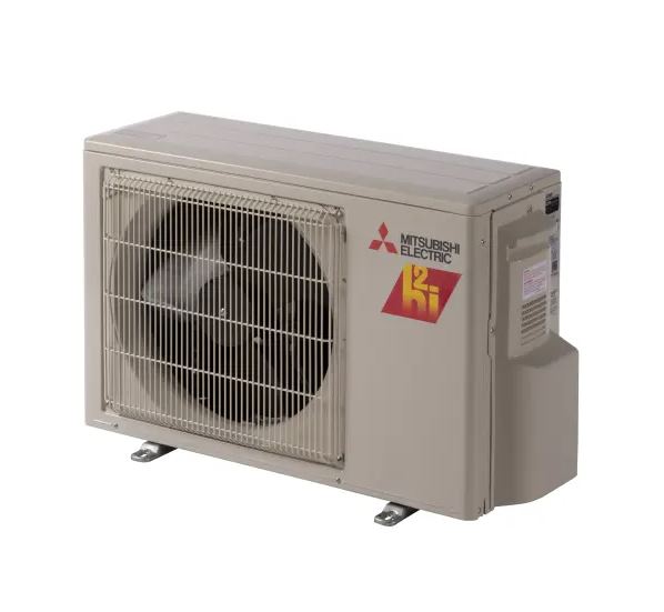 The Insco Mitsubishi M-Series Single-Zone Hyper Heating Heat Pump System MUZ-FX outdoor unit features a protective metal grille, side branding, and advanced performance with up to 35 SEER2 efficiency.