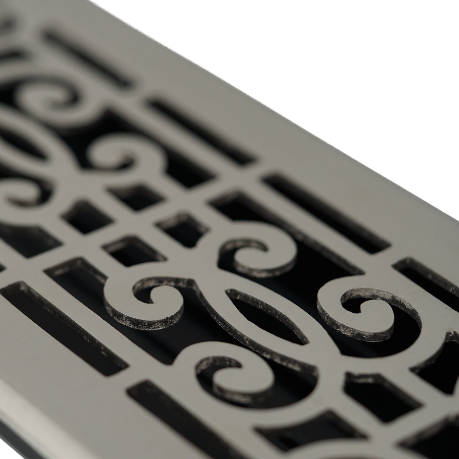 Close-up of a Madelyn Carter Cast Brass Baroque Vent Cover in Brushed Nickel, featuring decorative scrollwork and adjustable metal dampers against a white background.