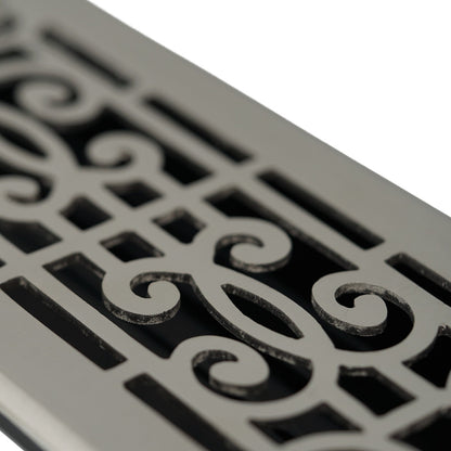 Close-up of a Madelyn Carter Cast Brass Baroque Vent Cover in Brushed Nickel, featuring decorative scrollwork and adjustable metal dampers against a white background.