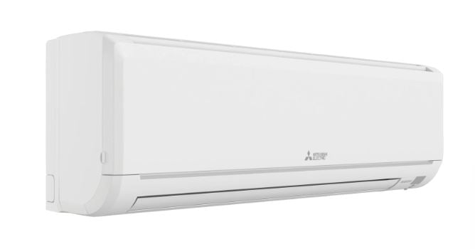 A white Insco Mitsubishi M-Series Single-Zone Hyper Heating Heat Pump MSZ-FX indoor unit with a closed front panel, wall-mounted against a plain background.