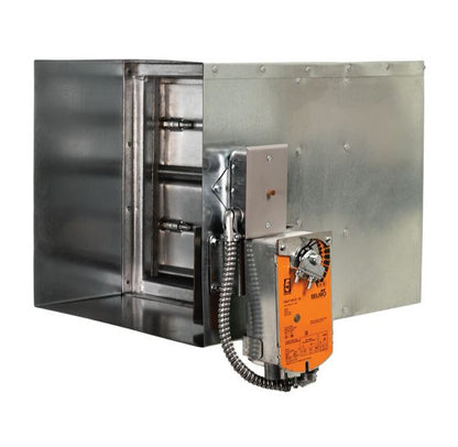 The Aire Technologies Series 10 Fire and Smoke Dampers Class II is a UL 555-rated metal HVAC duct damper with an orange actuator and rectangular blade, designed to control airflow and enhance safety.