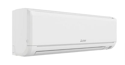 The Insco Mitsubishi M-Single-Zone 18 SEER2 Heat Pump System MSZ-WX (Indoor) is shown in white, wall-mounted with a closed vent against a plain background, providing energy-efficient heating and cooling.