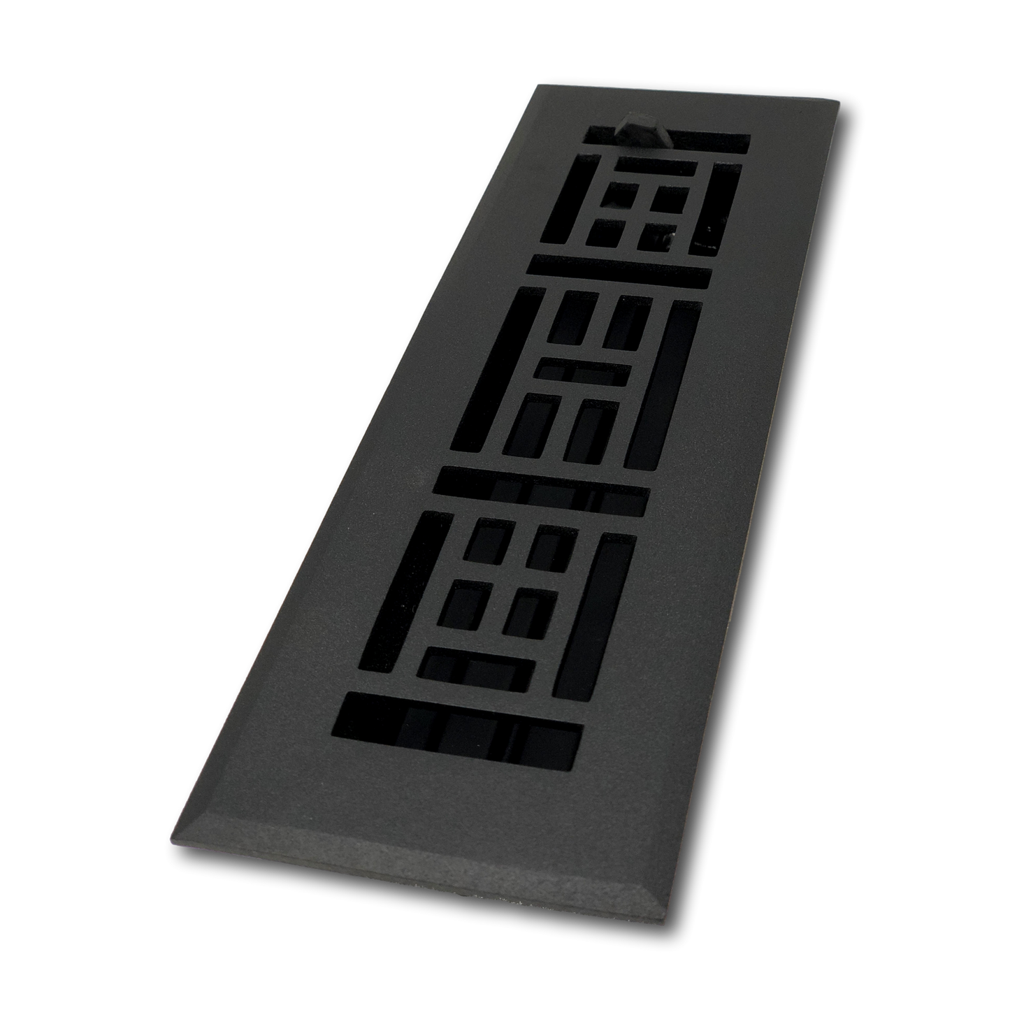 The Madelyn Carter Cast Aluminum Arts & Crafts Vent Cover in black features a geometric grid design, shown on a white background, adding a sleek decorative touch to any space.