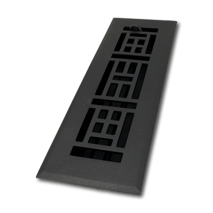 The Madelyn Carter Cast Aluminum Arts & Crafts Vent Cover in black features a geometric grid design, shown on a white background, adding a sleek decorative touch to any space.
