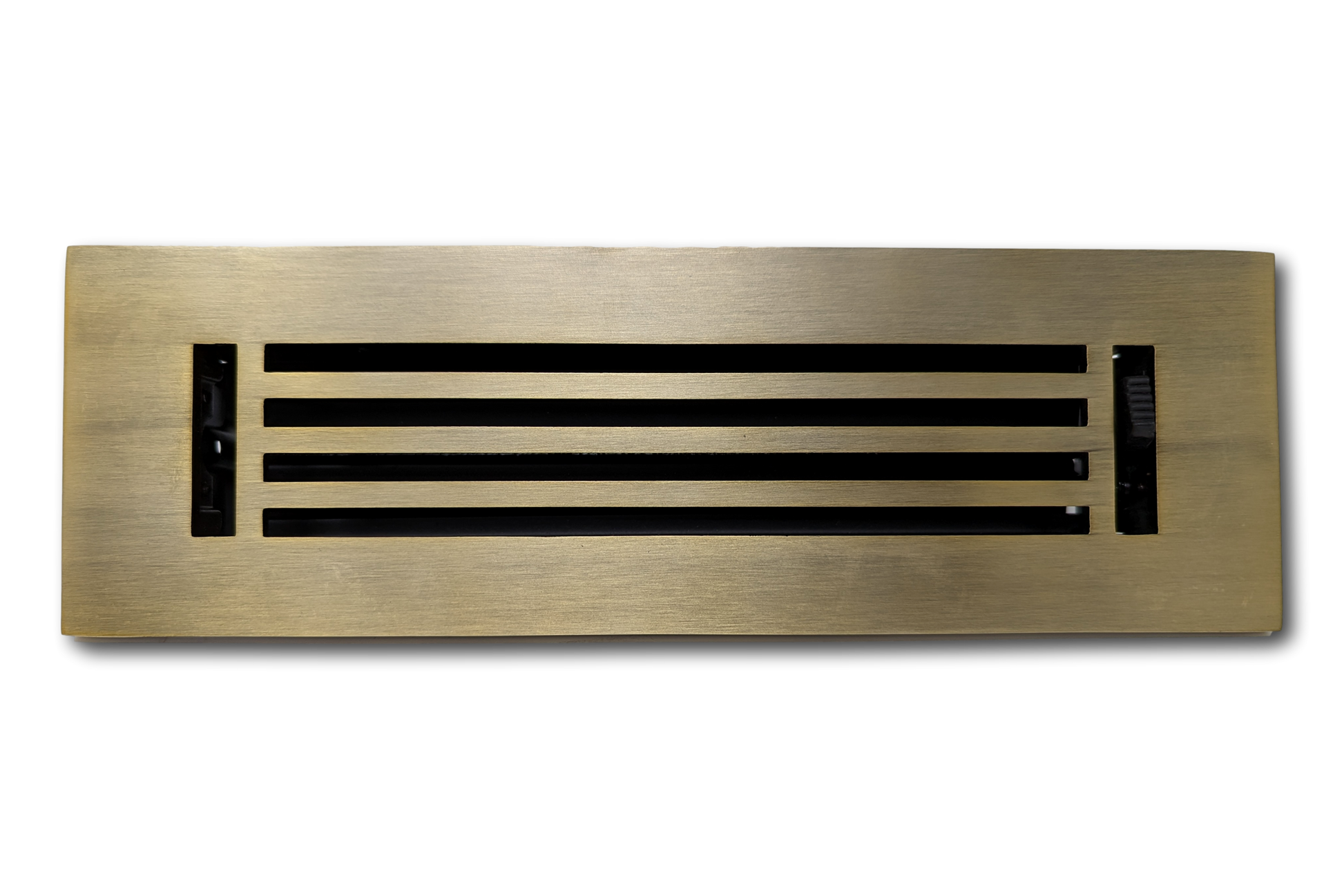A Madelyn Carter Cast Aluminum Linear Bar Vent Cover in Antique Brass with horizontal slats is shown from above against a white background.