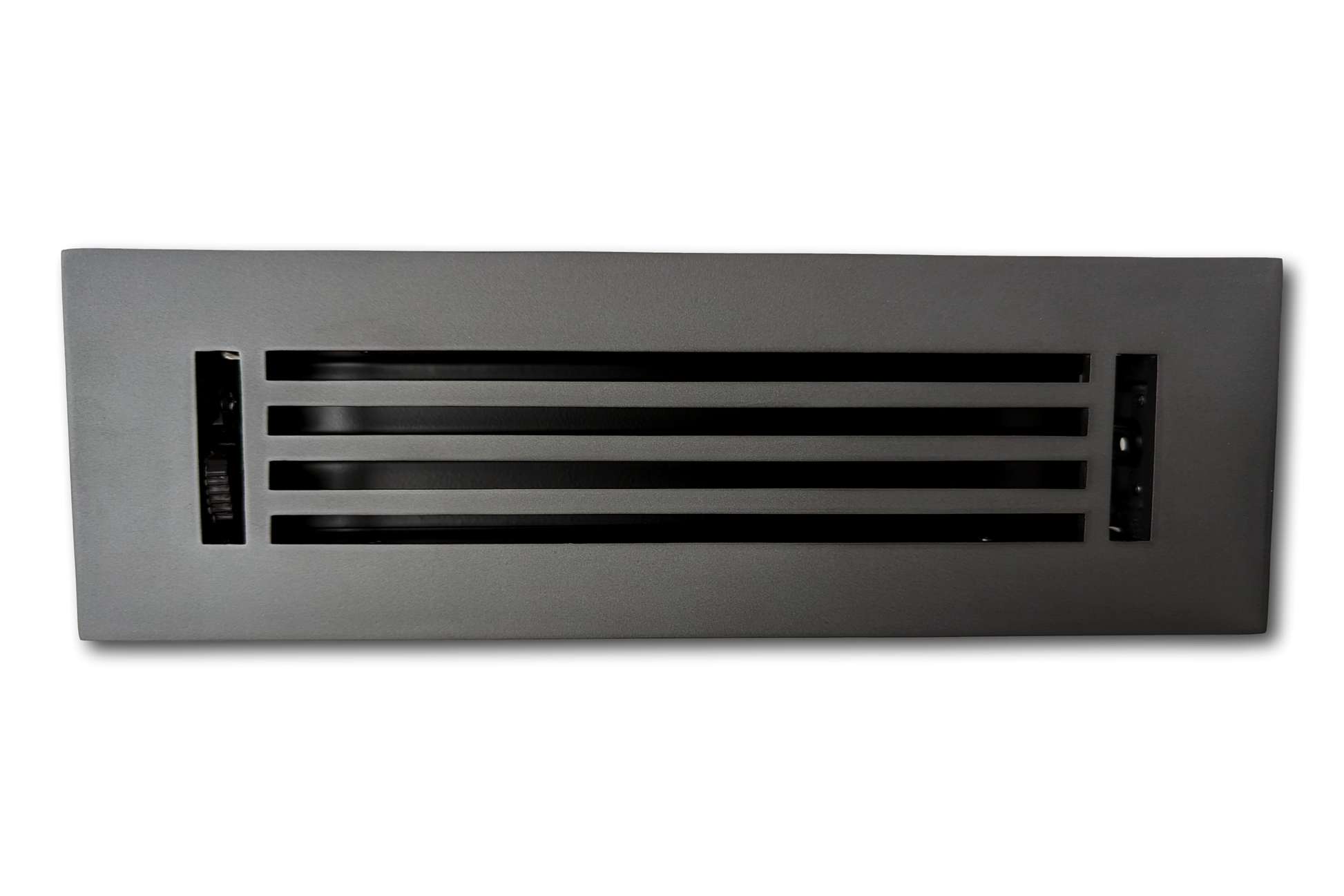 A Madelyn Carter Cast Aluminum Linear Bar Vent Cover in Carbon Gray, featuring three horizontal slats, is mounted on a white background.