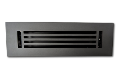A Madelyn Carter Cast Aluminum Linear Bar Vent Cover in Carbon Gray, featuring three horizontal slats, is mounted on a white background.