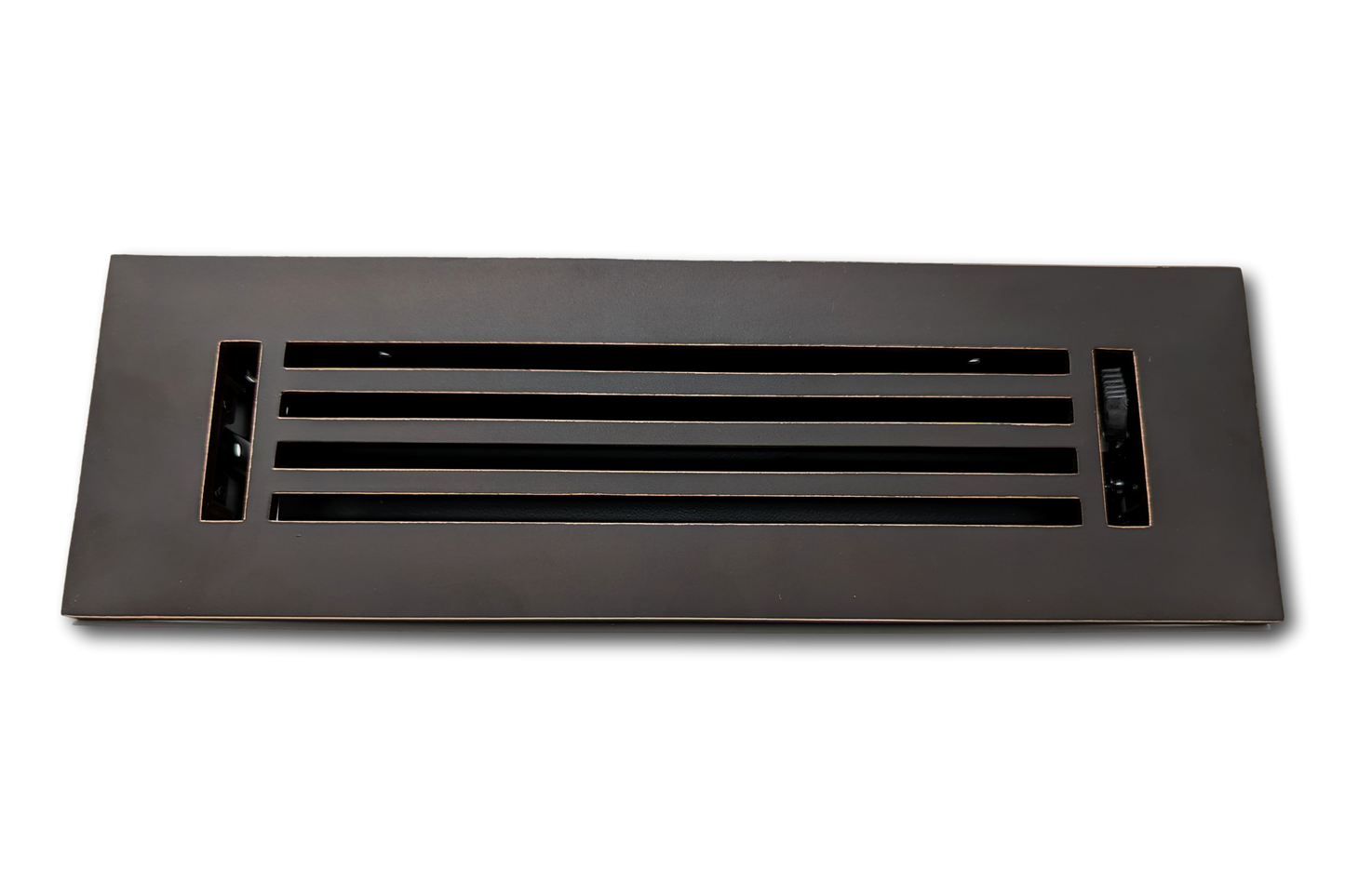 The Madelyn Carter Cast Aluminum Linear Bar Vent Cover in black features four horizontal slats and a rust-resistant finish, displayed against a white background.