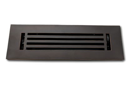 The Madelyn Carter Cast Aluminum Linear Bar Vent Cover in black features four horizontal slats and a rust-resistant finish, displayed against a white background.