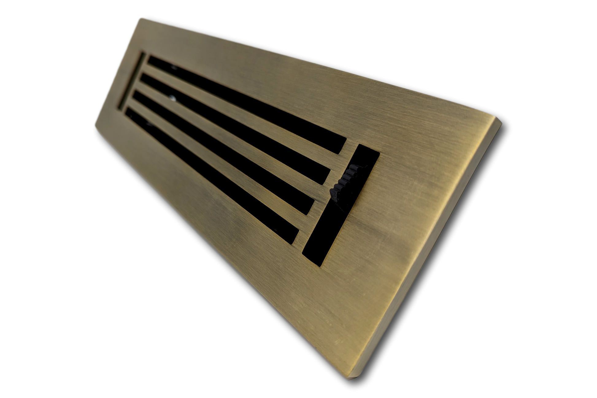 The Madelyn Carter Cast Aluminum Linear Bar Vent Cover in Antique Brass features parallel slots, is rust-resistant, and is shown against a plain white background.