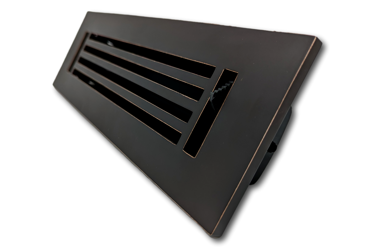 The Madelyn Carter Cast Aluminum Linear Bar Vent Cover in Oxidized Bronze features horizontal slats, a rectangular shape, rust-resistant construction, and is displayed against a plain white background.
